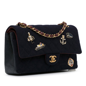 Chanel Classic Double Flap Paris-Hamburg Charms Medium Blue Wool Lambskin Gold