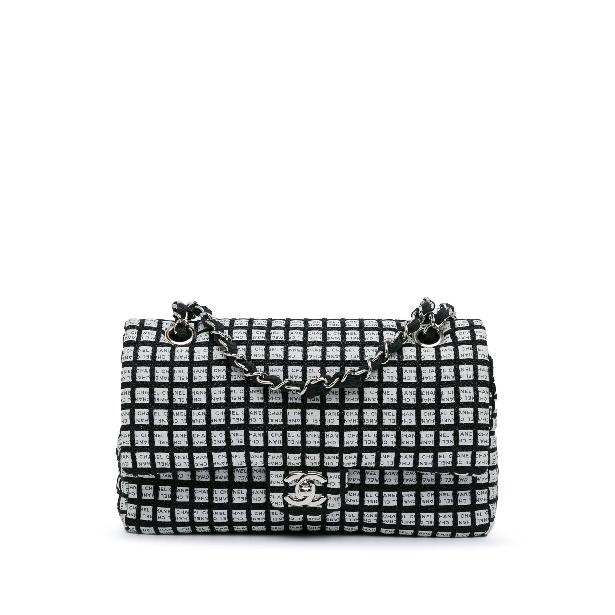 Chanel Classic Double Flap Medium Black White Ribbon Tweed Silver