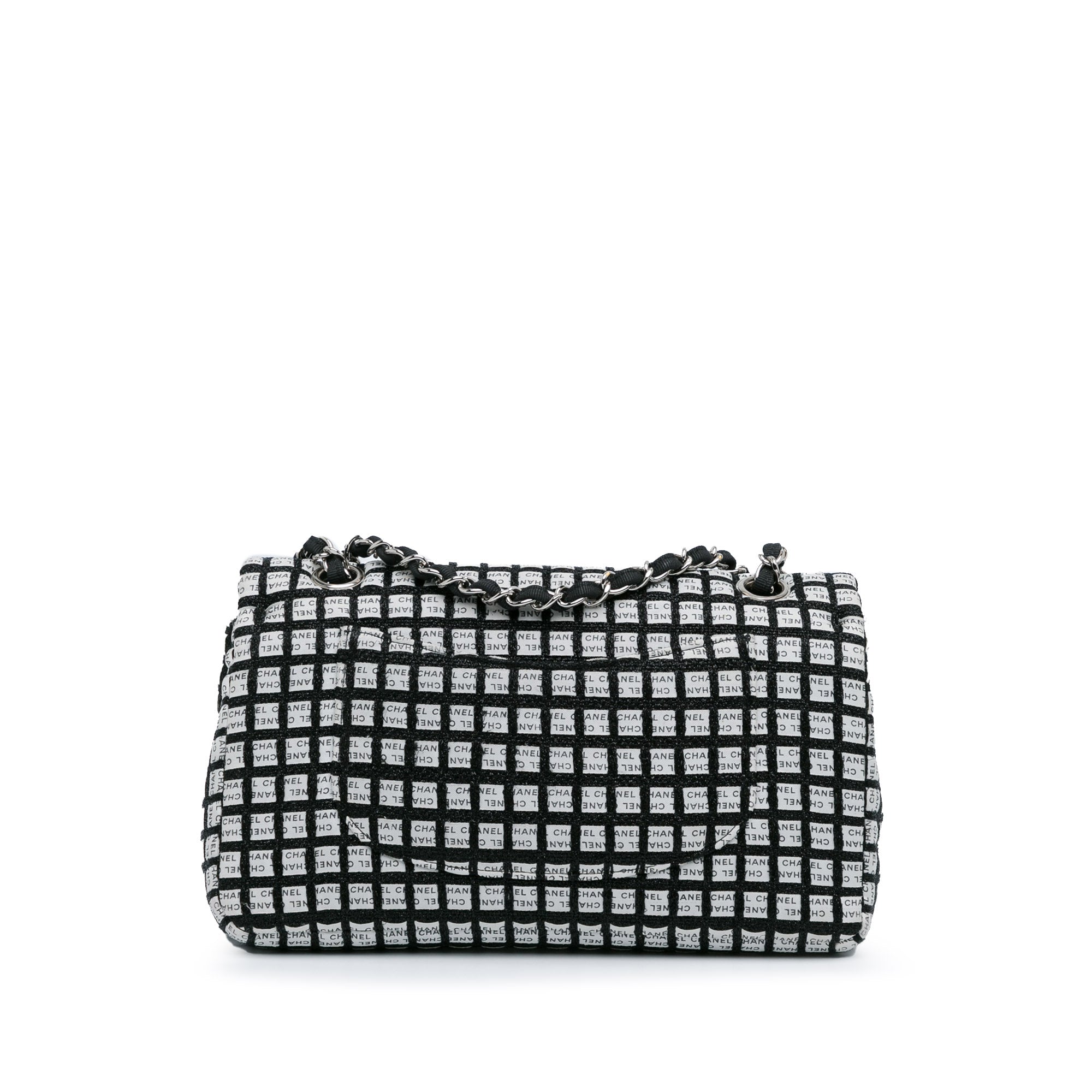 Chanel Classic Double Flap Medium Black White Ribbon Tweed Silver