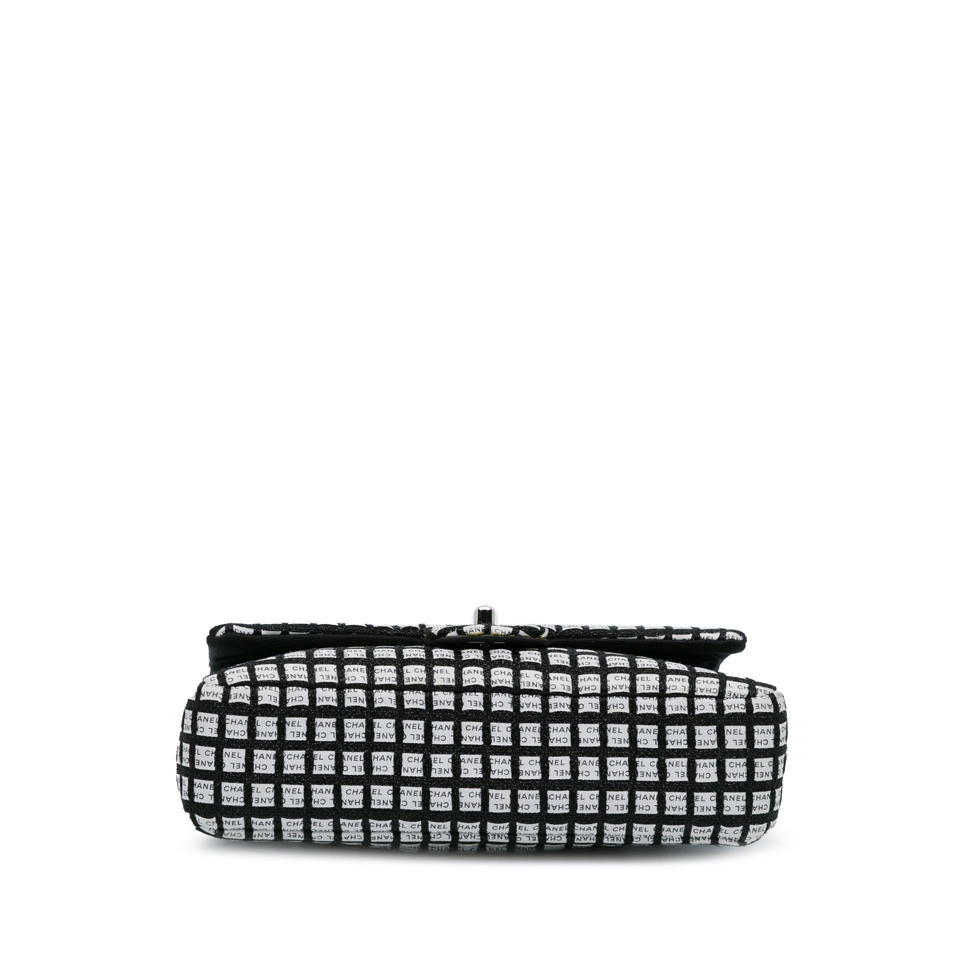 Chanel Classic Double Flap Medium Black White Ribbon Tweed Silver