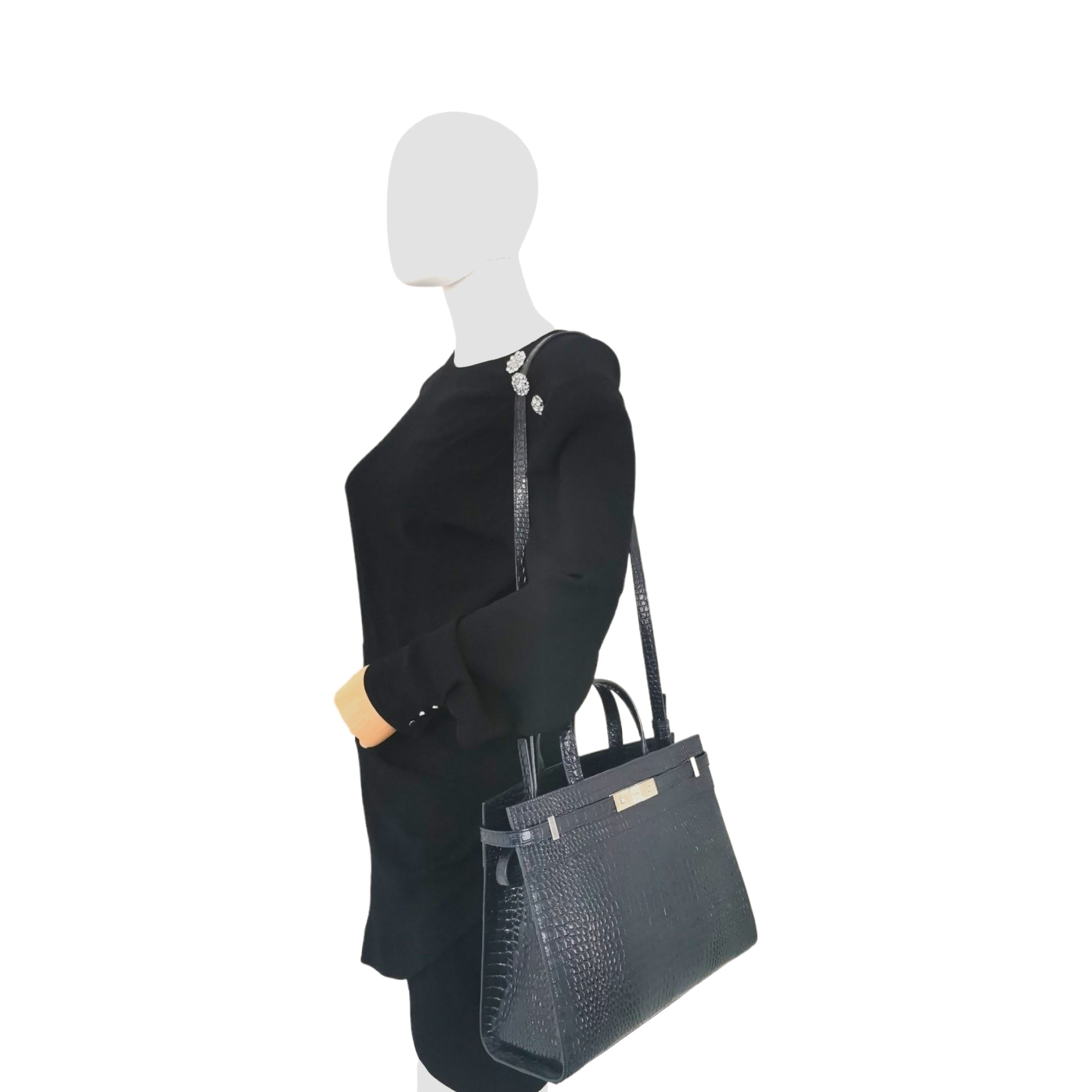 Saint Laurent Manhattan Leather Shoulder Bag - Black Croc/Gold