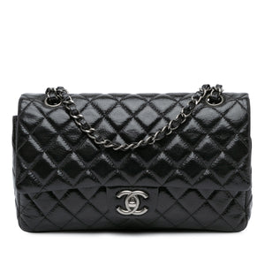 Chanel Classic Double Flap Medium Black Distressed Patent Silver