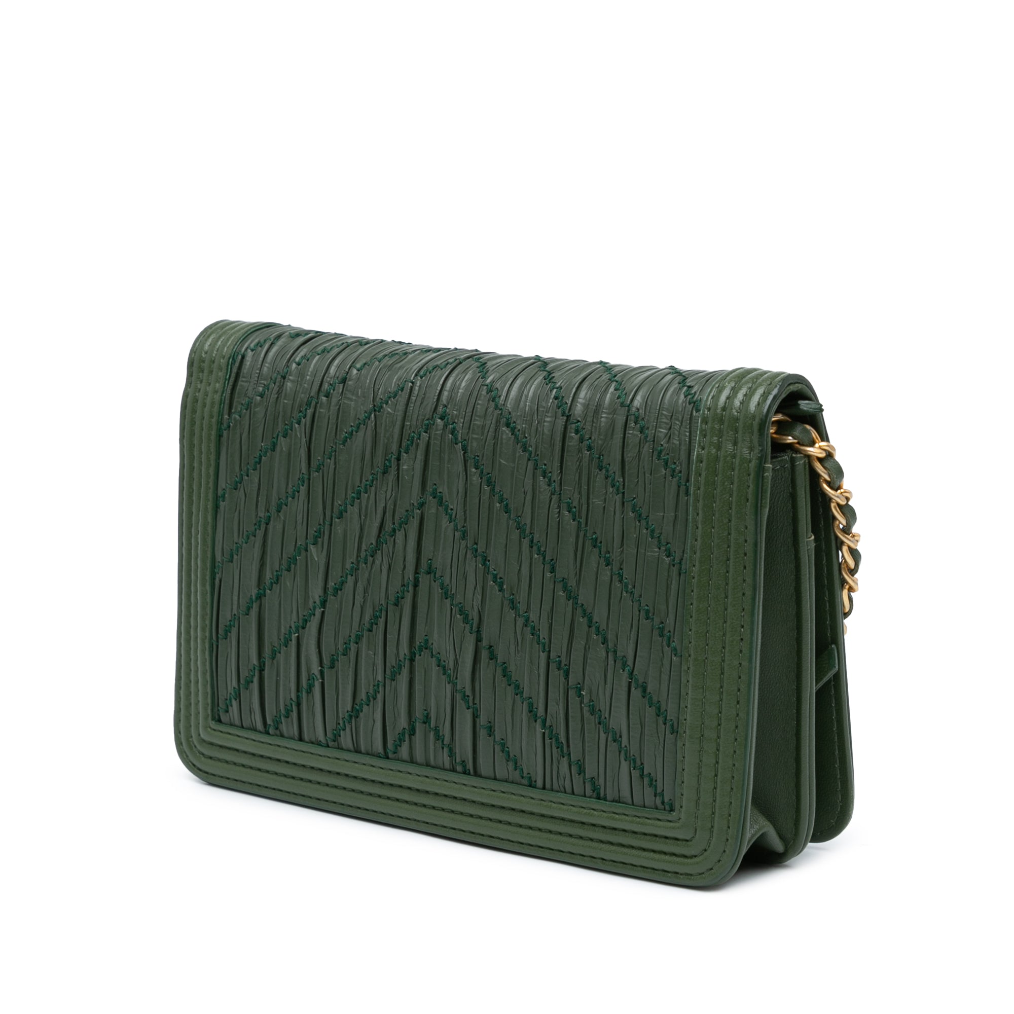 Chanel Boy Wallet On Chain Green Chevron Quilted Crumpled Calfskin