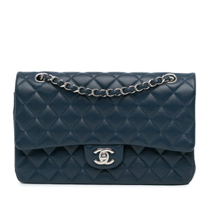 Chanel Classic Double Flap Medium Blue Lambskin Silver