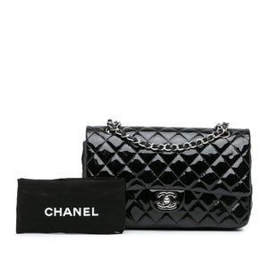 Chanel Classic Double Flap Medium Black Patent Leather Silver